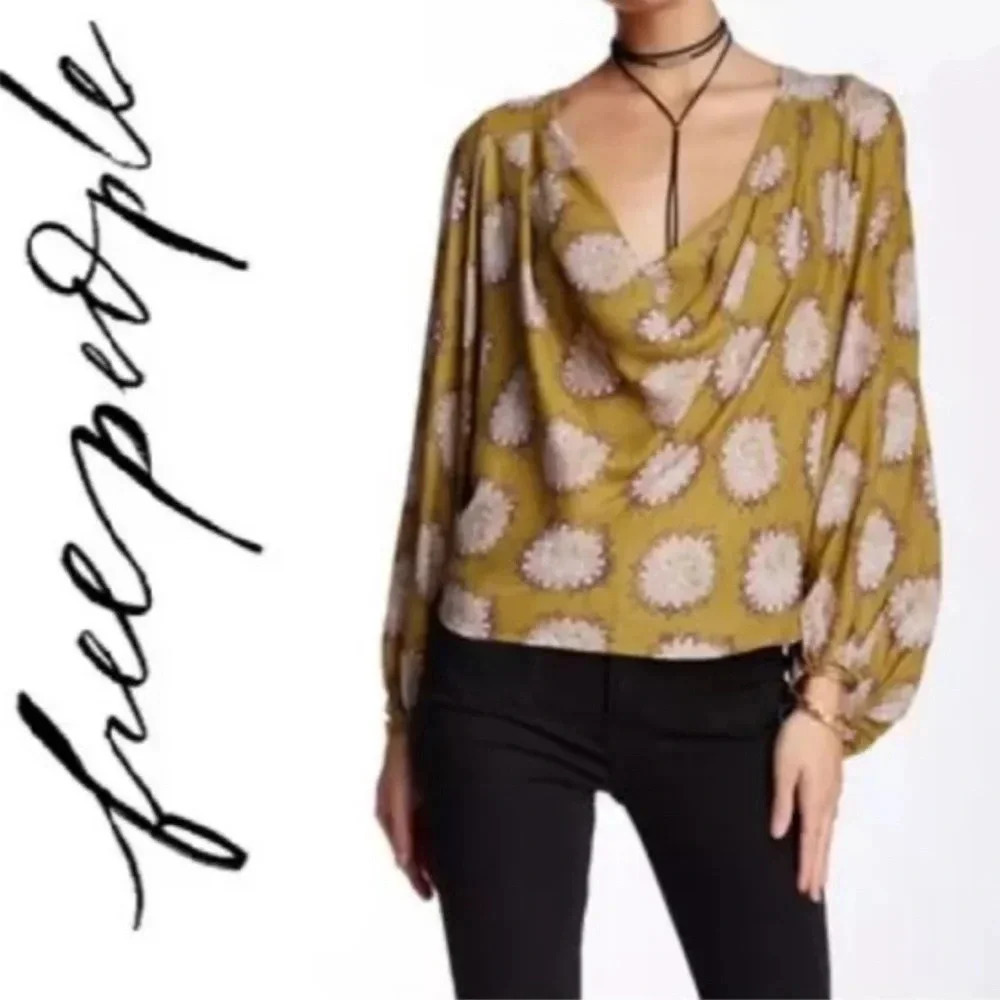 Free People Floral Cowling Around Top Draped Flowy Balloon Sleeve oversized